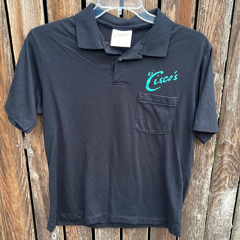 Vintage 90s Hanes Black Polo Shirt Ciscos Kauai Hawaii Sombrero Hat Travel Tee